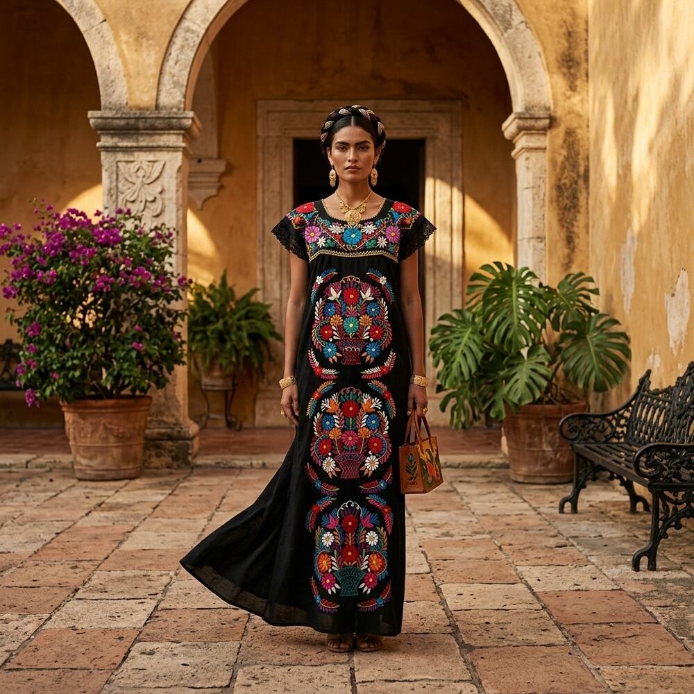 Mexican maxi Black manta  one piece  Dress – Mexican Folklore Wear size Large